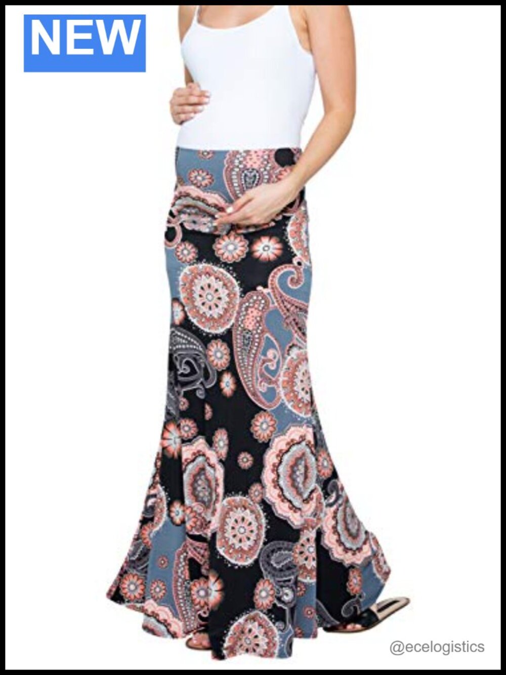 High Waisted Maternity Maxi Skirt with Tummy Control, Polyester Blend, Pull On